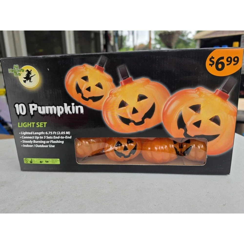 Vtg Nos Lot Of 2 sets - Halloween Jack-o-Lantern 10 Pc Pumpkin String Light Set